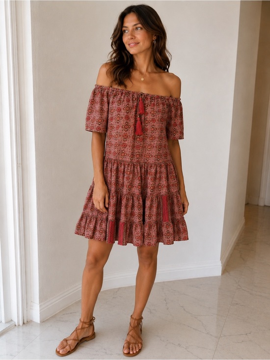 Paani Dresses & Skirts - Paani Bohemian Paisley Print Mini Dress Babydoll Tiered Boho Pink Brown S
